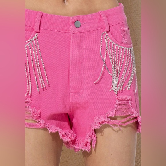 Distressed Frayed Detail Fringe Rhinestone Denim - Picture 2 of 5